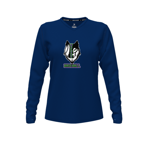 [CUS-DFW-TEES-CMF-VNK-LSL-NVY-FYXS-LOGO1] Decker Comfort T-Shirt (Female Youth XS, Navy, V Neck, Logo 1, Long Sleeve)