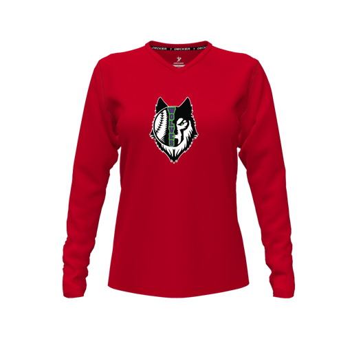 [FTLVPTRD-FYXS-LOGO2] Decker Performance T-Shirt (Female Youth XS, Red, V Neck, Logo 2, Long Sleeve)